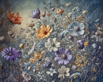 Blumenhafen | Blumenfeld | Möbel Transfer | Extra Großes Decoupage Reispapier A0 A1 A2 A3 | Gespiegelte Option