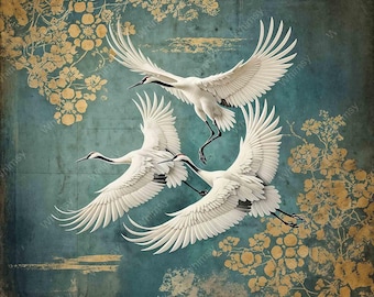 Goldener Flug | Kraniche | Möbel Transfer | Extra Großes Decoupage Reispapier A0 A1 A2 A3 | Gespiegelte Option