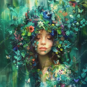 Green fantasy portrait of woman with closed eyes surrounded by dense foliage and flowers.