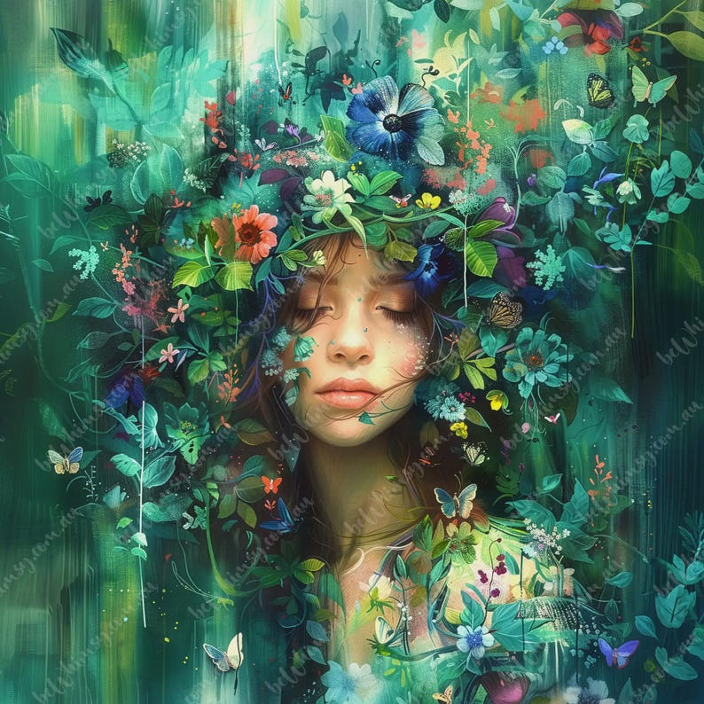 Green fantasy portrait of woman with closed eyes surrounded by dense foliage and flowers.