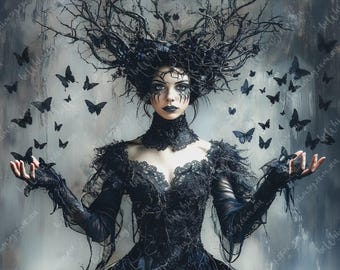 May include: A woman in a black gown with a high collar and intricate lace details. Her hair is styled with dark branches, and she is surrounded by black butterflies. The image has a gothic, fantasy theme.