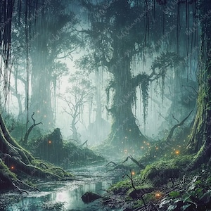 Detailed artwork showing weeping vines, gnarled tree roots, and thick moss textures printed on fibrous 30gsm rice paper.