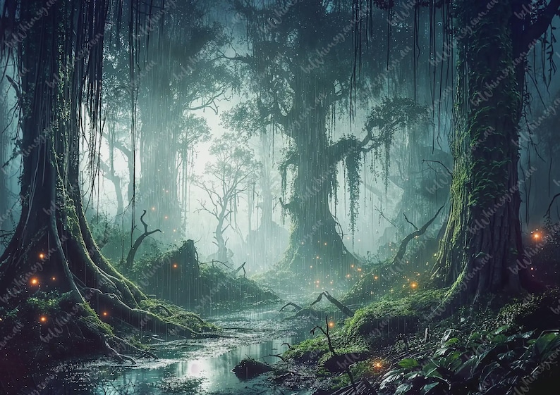Detailed artwork showing weeping vines, gnarled tree roots, and thick moss textures printed on fibrous 30gsm rice paper.