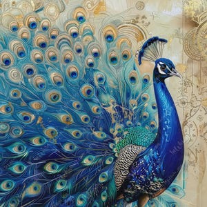 Op de afbeelding: Een levendige illustratie van een pauw met een uitgespreide staart. De pauw heeft tinten blauw, teal en goud. De achtergrond heeft een vintage, getextureerde uitstraling met gouden accenten en een kaartachtig ontwerp.
