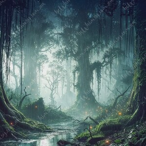 Dark green mystical forest design by beWhimsy, extra large rice paper A0 A1 A2 A3 mirrored format for decoupage art