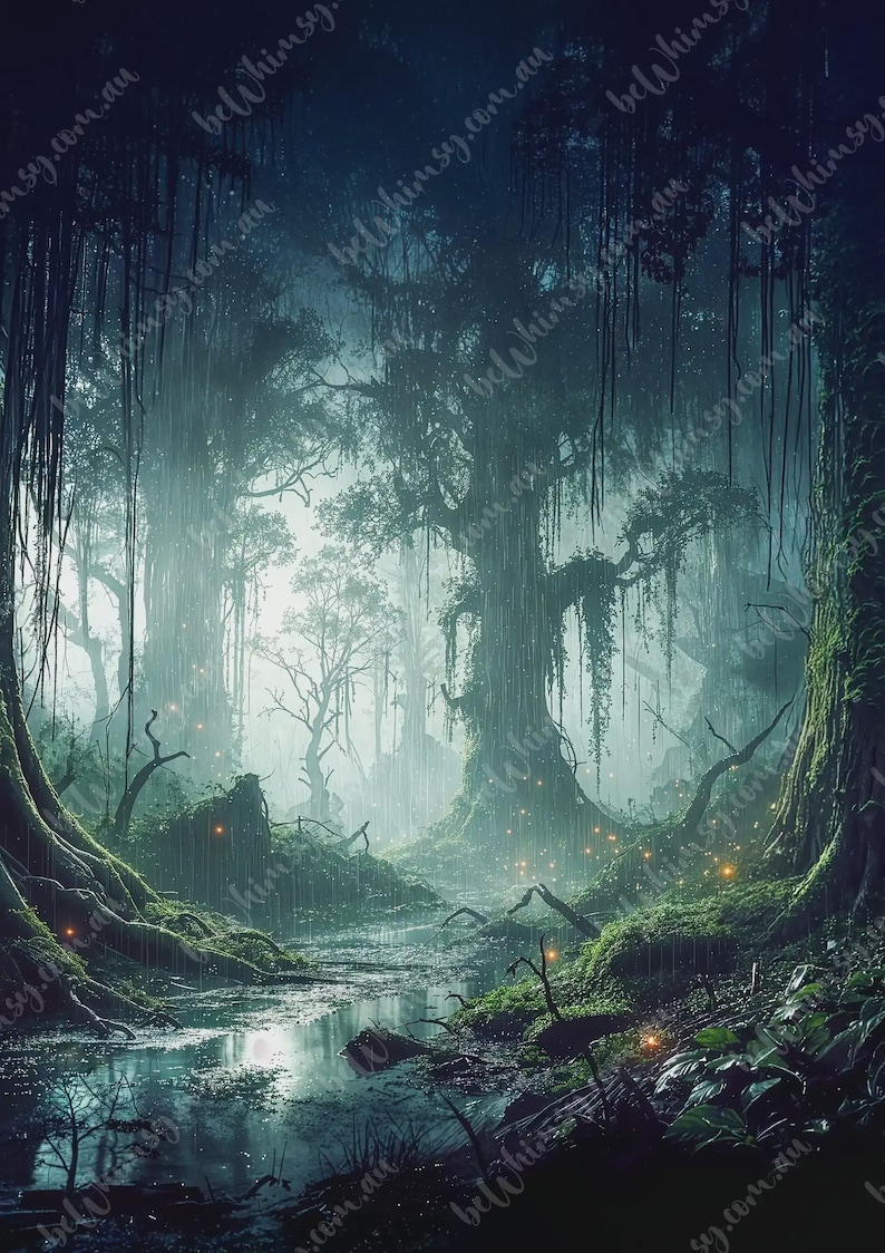 Dark green mystical forest design by beWhimsy, extra large rice paper A0 A1 A2 A3 mirrored format for decoupage art