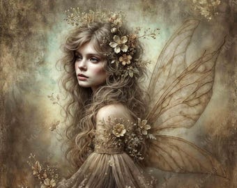 Adeline | Vintage sepia-fee | Meubeloverdracht | Extra groot decoupage rijstpapier A0 A1 A2 A3 | Gespiegelde optie: