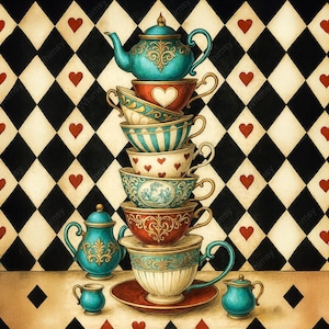 May include: A whimsical illustration of a stack of teacups and teapots in various colors and patterns, including hearts and stripes. The background features a black and white checkered pattern with red heart accents, creating a playful and decorative theme.