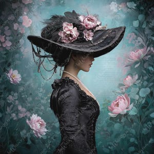May include: An artistic rendering of a woman in profile, wearing a black Victorian-style dress and a wide-brimmed hat adorned with feathers and pink flowers. A pearl necklace adds a touch of elegance. The background features a floral design.