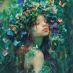 Botanical fantasy portrait with floral crown, butterflies and soft emerald tones