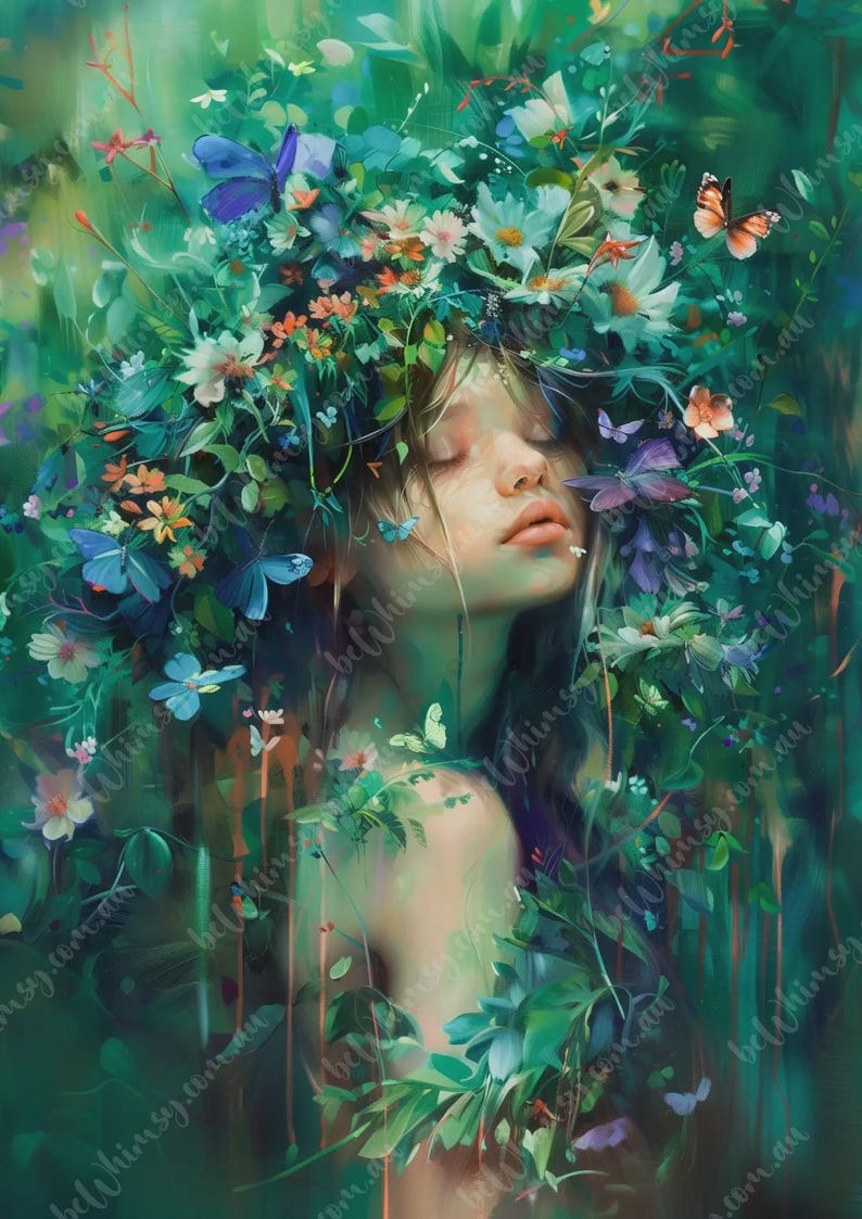 Botanical fantasy portrait with floral crown, butterflies and soft emerald tones