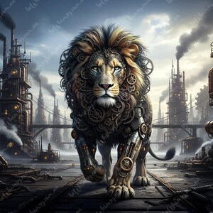 Detailed Steampunk Animal print for craft and furniture decoupage. Image shows a full-body walking Lion covered in intricate gears and metallic armor. Sizes A3, A2, A1, A0 and Extra Large available. Printed on high-quality Kompass Rice Paper.