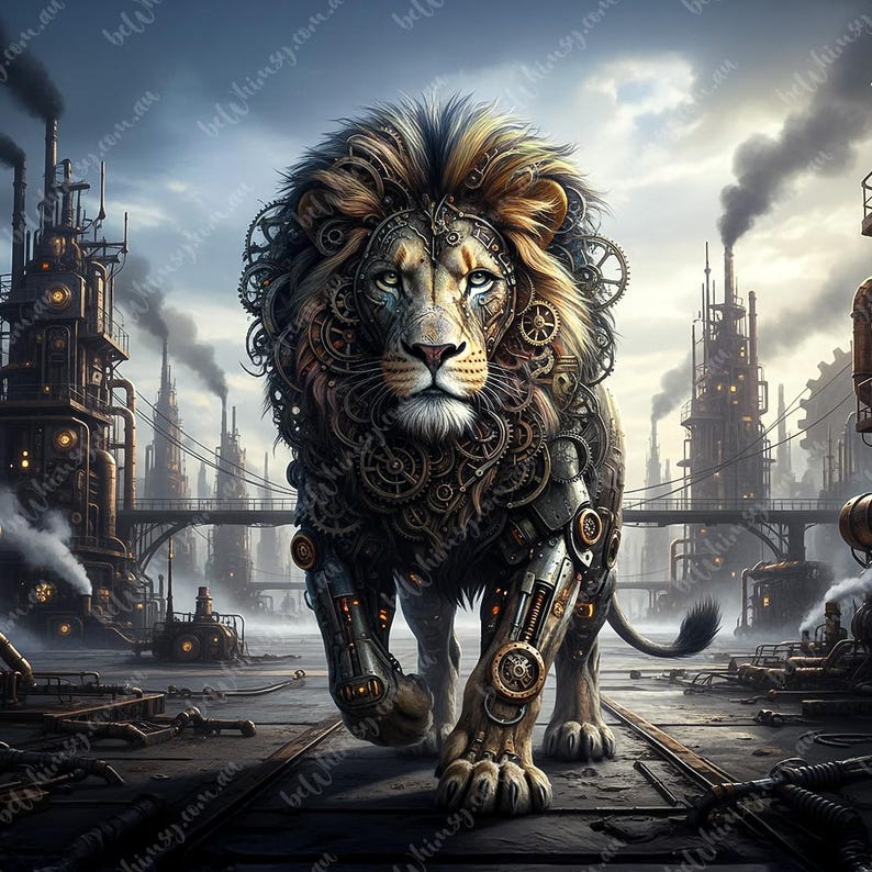 Detailed Steampunk Animal print for craft and furniture decoupage. Image shows a full-body walking Lion covered in intricate gears and metallic armor. Sizes A3, A2, A1, A0 and Extra Large available. Printed on high-quality Kompass Rice Paper.