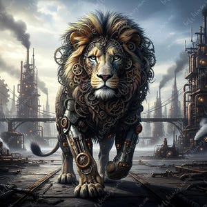 Dynamic A0, A1, A2, A3 Decoupage Print: Steampunk Lion (The Iron Stride) in a powerful stride through an industrial factory landscape with chimneys and heavy machinery. Perfect for furniture transfer and large craft projects. Mirrored option included.