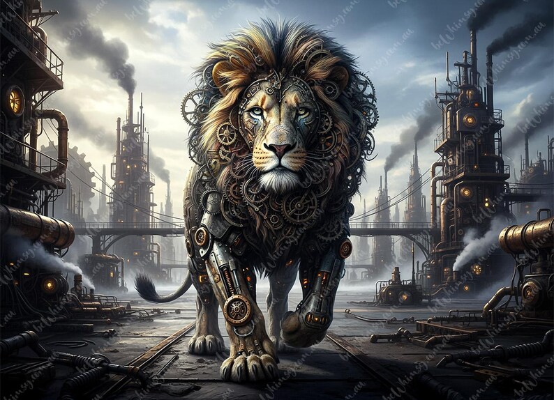 Dynamic A0, A1, A2, A3 Decoupage Print: Steampunk Lion (The Iron Stride) in a powerful stride through an industrial factory landscape with chimneys and heavy machinery. Perfect for furniture transfer and large craft projects. Mirrored option included.