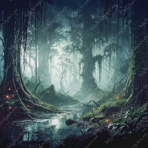 A high-contrast digital painting of a misty, enchanted swamp forest at night with glowing fireflies, ancient mossy trees, and a dark stream reflecting light.
