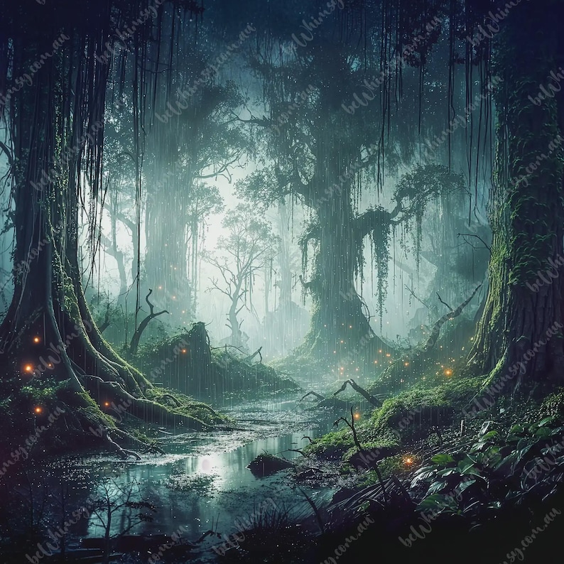 A high-contrast digital painting of a misty, enchanted swamp forest at night with glowing fireflies, ancient mossy trees, and a dark stream reflecting light.