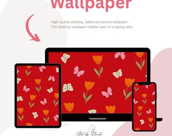 Juego de 4 fondos de pantalla con tulipanes y mariposas de estilo artístico (para ordenador, iPad y móvil) (descarga digital)