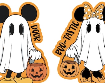 May include: Two Halloween-themed cartoon characters dressed as ghosts. One has Mickey Mouse ears, the other has Minnie Mouse ears and a bow. Both are holding jack-o'-lanterns and the text reads "Boo-tastic Door".