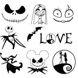 May include: A collection of black and white graphic illustrations featuring characters and motifs from The Nightmare Before Christmas, including various facial expressions, a flying bat, a dog, and the word LOVE with a silhouette of two figures.