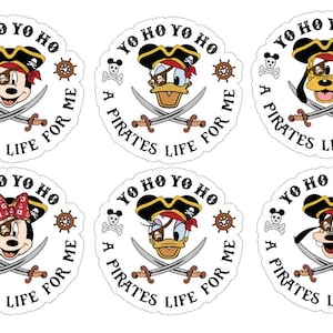 May include: Set of six circular stickers featuring cartoon characters dressed as pirates. Each sticker has a character's face, crossed swords, and the phrases "Yo Ho Yo Ho" and "A Pirate's Life For Me."