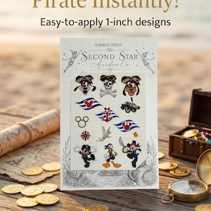 May include: A sheet of temporary tattoos featuring cartoon characters dressed as pirates, nautical symbols, and anchors. The packaging is labeled Second Star Anchor Co. and states Easy-to-apply 1-inch designs. The sheet includes various colorful illustrations.