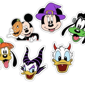 May include: A collection of six die-cut vinyl stickers featuring Disney characters in Halloween costumes: Mickey Mouse with a pumpkin, Minnie Mouse as a witch, Goofy as Frankenstein, Pluto with a pumpkin hat, Daisy Duck as Maleficent, and Donald Duck with red devil horns.