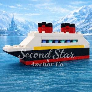 May include: A toy cruise ship made of white, black, red, and yellow blocks. The ship has two red smokestacks and the text "Second Star Anchor Co." on the side. The ship is set against a backdrop of a snowy mountain range and blue water.