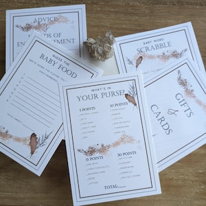 Fichier numérique | Imprimable | Cartes de jeu et de conseils pour baby shower bohème | Plume bohème | Fichiers PDF 4 x 6 | Plumes | Faire-part assorti