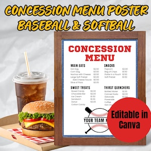 Baseball and Softball Concession Stand Menu Sign, Concessions Stand, Menu Flyer Board, Editable Customizable Template