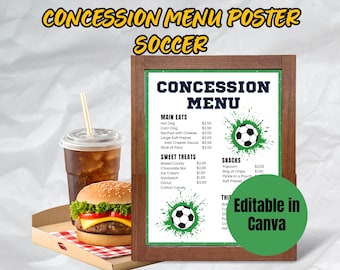 Soccer Concession Stand Menu Sign, Concessions Stand, Menu Flyer Board, Editable Customizable Template