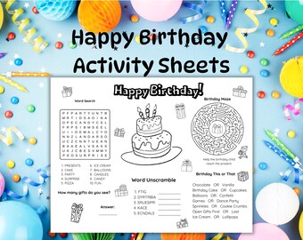 Kids Birthday Activity Sheets, Party Favor, Party Decor Placemats, Kids Printable Coloring Placemat