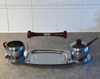 Vintage 60's Mid Century Gourmates by Glo-Hill Chrome Cream, Sugar and Serving Tray - 60's Coffee Set - Creamer and Sugar Bowl