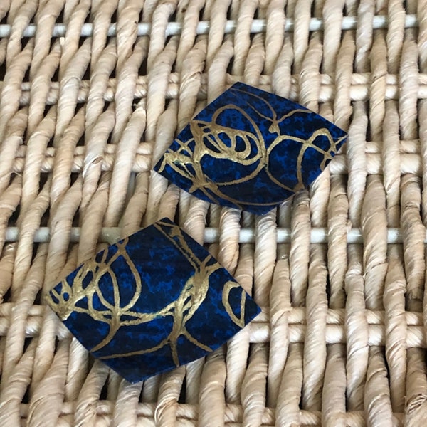 Vintage 90's Navy and Gold Scribble Painted Metal Earrings - 90's Stud Earrings - 90's Statement Earrings - 90's Costume Jewelry