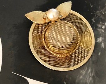 Vintage 70's Gold Tone Mesh Hat Brooch - 70's Brooch - 70's Hat Pin - Costume Jewelry - 70's Jewelry - Hat Brooch
