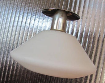 Vintage 60's Atomic UFO Dome White Glass with Silver Ceiling Cone Light Fixture - Lighting - 60's Ceiling Mount Lighting - MCM Light Fixture