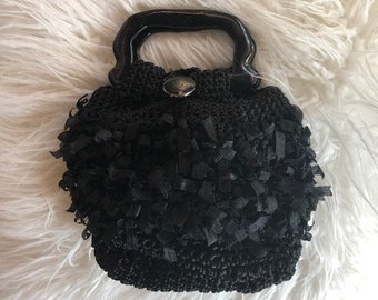 Vintage 60's Black Crochet Handbag with Acrylic Handles - 60's Purse - 60's Handbag - Black Fringe Clutch Purse - Crochet Purse