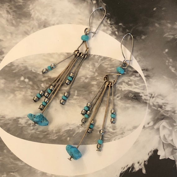 Boucles D'oreilles Anciennes XIXe Argent Et Turquoise - Pendantes Transformées