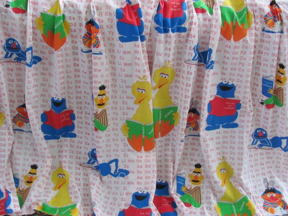 vintage 70's sesame street curtains - pair - 43" long - 70's kid's bedroom  curtains - children's curtains - bert and ernie, big bird, oscar