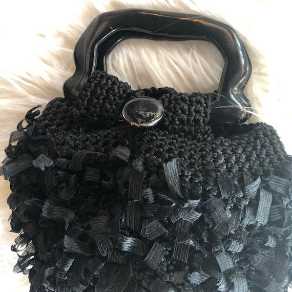 Vintage 60's Black Crochet Handbag with Acrylic H… - image 4