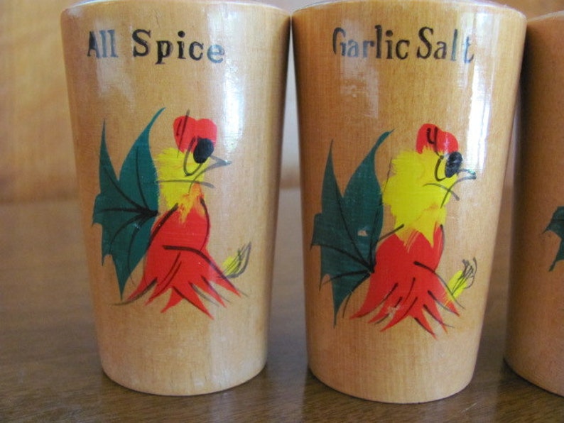 Pepper Vintage 70/'s Mod Mexican Rooster Wooden Spice Shakers Spice Dining set of 4 Paprika Garlic Salt Kitchen All Spice