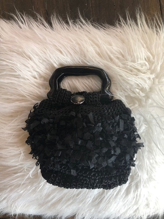 Vintage 60's Black Crochet Handbag with Acrylic H… - image 1