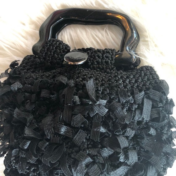 Vintage 60's Black Crochet Handbag with Acrylic H… - image 3