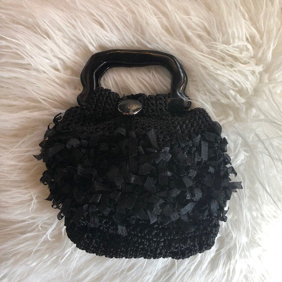 Vintage 60's Black Crochet Handbag with Acrylic H… - image 2