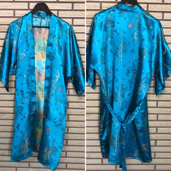 Vintage 70's Aqua and Coral Silk Kimono - Asian Si