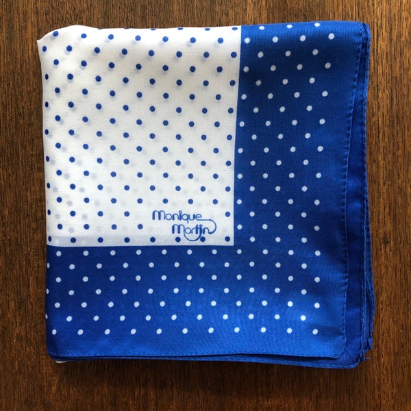 Vintage 70's Monique Martin Blue and White Polka Dots Dress Scarf - 70's Style - Made in Italy - Square Scarf - Preppy Scarf - Polyester