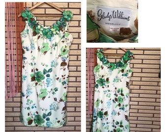 Vintage 60's Floral Midi Shift Dress with 3D Floral Neckline - Bust 36 - Gladys Williams - Silk Cocktail Dress - Party Dress - AS IS