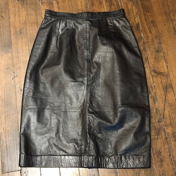 Vintage 80's Black Leather Skirt - Waist 26 - Pet… - image 1