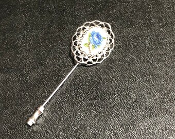 Vintage 50's Edwardian Silver and Blue Floral Petit Point Lapel Pin - Jewelry - Style - 50's Fashion - Women - Brooch - 50's Hat Pin
