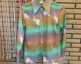 Vintage 70's Floral Ombré Fade Western Style Top - Small - Bust 36 - Western Shirt - Women's Top - Women's Dress Shirt - Button Down Shirt